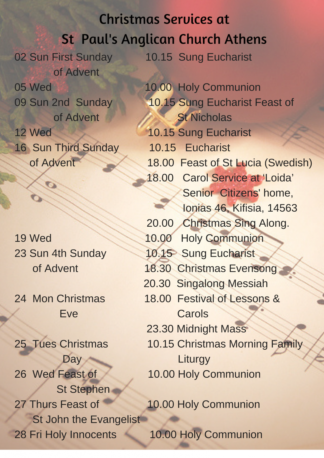 Christmas Services at St Paul's Anglican Church Athens